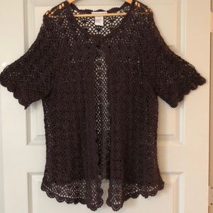 Knit open front brown sweater w button at neck